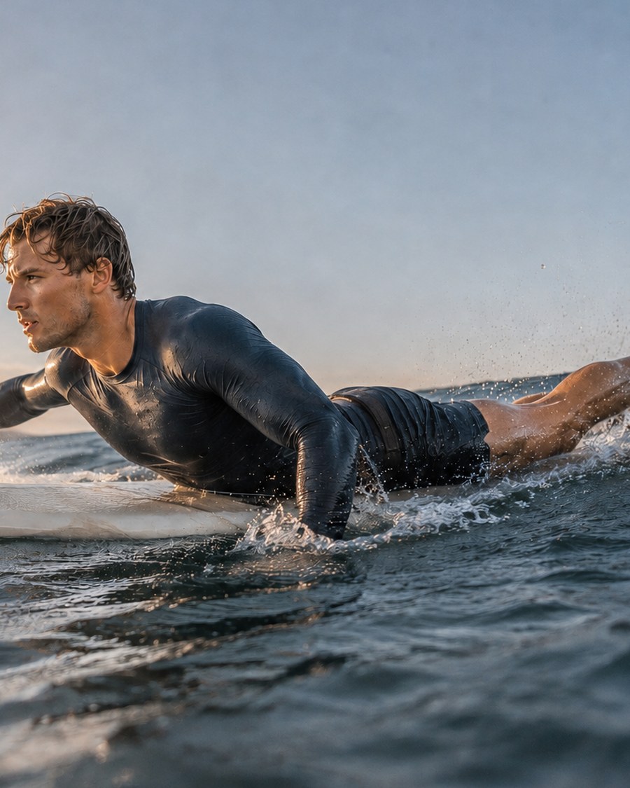 Surfer paddling for a wave while wearing Levo Belt Lite